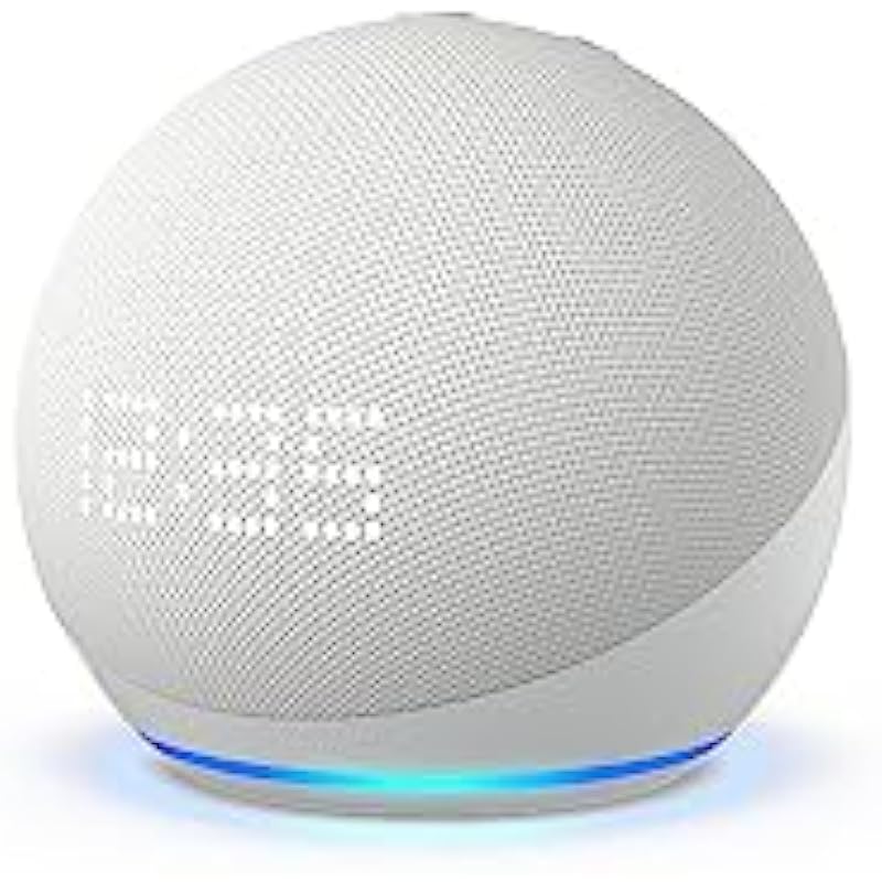 Amazon Echo Dot (5th Gen) with clock | Compact smart speaker with Alexa and enhanced LED display for at-a-glance clock, timers, weather, and more | Glacier White