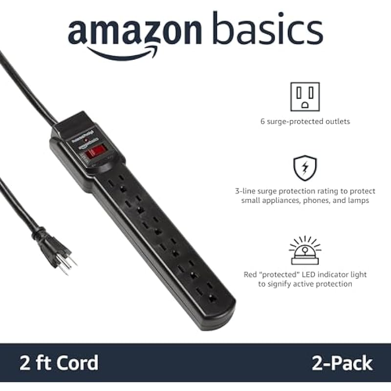 Amazon Basics 6-Outlet, 200 Joule Surge Protector Power Strip, Pack of 2, Rectangle, 2 Foot, Black