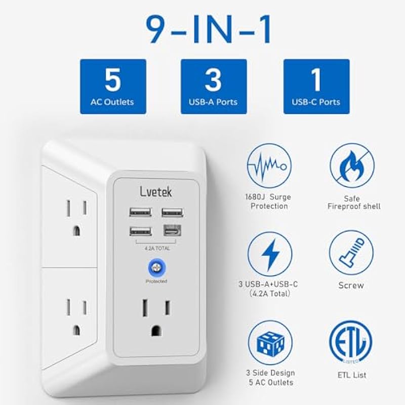 5-Outlet Surge Protector Wall Charger with 4 USB Ports – 1680J Multi Plug for Home, Office, Travel