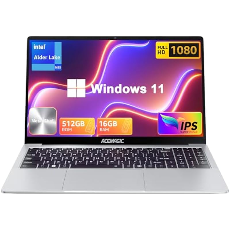 ACEMAGIC Laptop Computer,15.6In Windows 11 Laptop with ntel Quad-12th Alder Lake N95(Up to 3.4GHz), 16GB DDR4 512GB SSD Laptop with Metal Shell, Support, WiFi, BT5.0, Speaker, Mic
