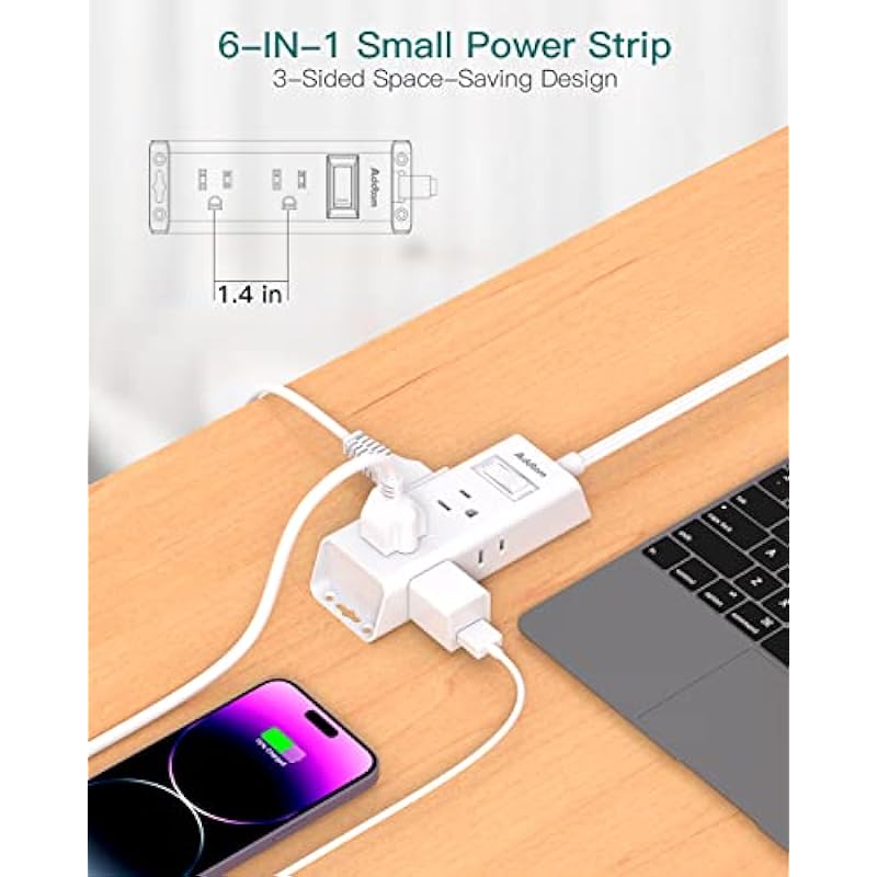Cruise Essentials – Flat Plug Power Strip, Addtam 5 ft Ultra Flat Extension Cord with 6 Outlets Extender, No Surge Protector for Cruise Ship, Travel, Dorm, Home Office, ETL Listed