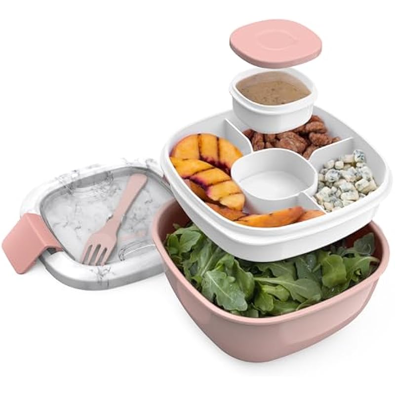 Bentgo® All-in-One Salad Container – Large Salad Bowl, Bento Box Tray, Leak-Proof Sauce Container, Airtight Lid, & Fork for Healthy Adult Lunches; BPA-Free & Dishwasher/Microwave Safe (Blush Marble)
