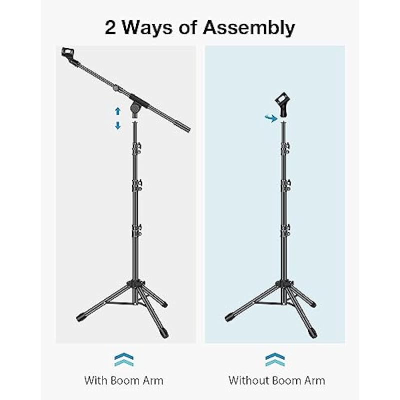 InnoGear Microphone Stand, Tripod Boom Arm Floor Mic Stand Height Adjustable Heavy Duty with Carrying Bag 2 Mic Clips 3/8″ to 5/8″ Adapter for Singing Podcast for Blue Yeti Shure SM58 SM48 Samson Q2U