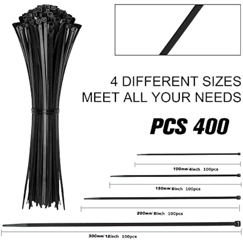 Cable Zip Ties,400 Pack Black Assorted Sizes 12+8+6+4 Inch,Multi-Purpose Self-Locking Nylon Cable Cord Management ,Plastic Wire Ties for Home,Office,Garden,Workshop. By HAVE ME TD