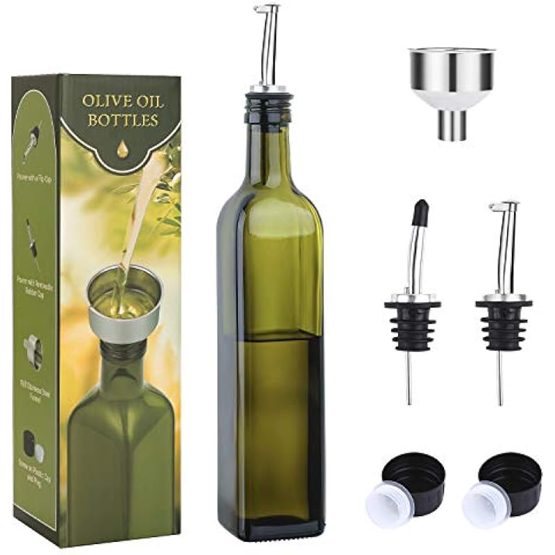 AOZITA 17oz Glass Olive Oil Bottle Dispenser – 500ml Green Oil and Vinegar Cruet with Pourers and Funnel – Olive Oil Carafe Decanter for Kitchen