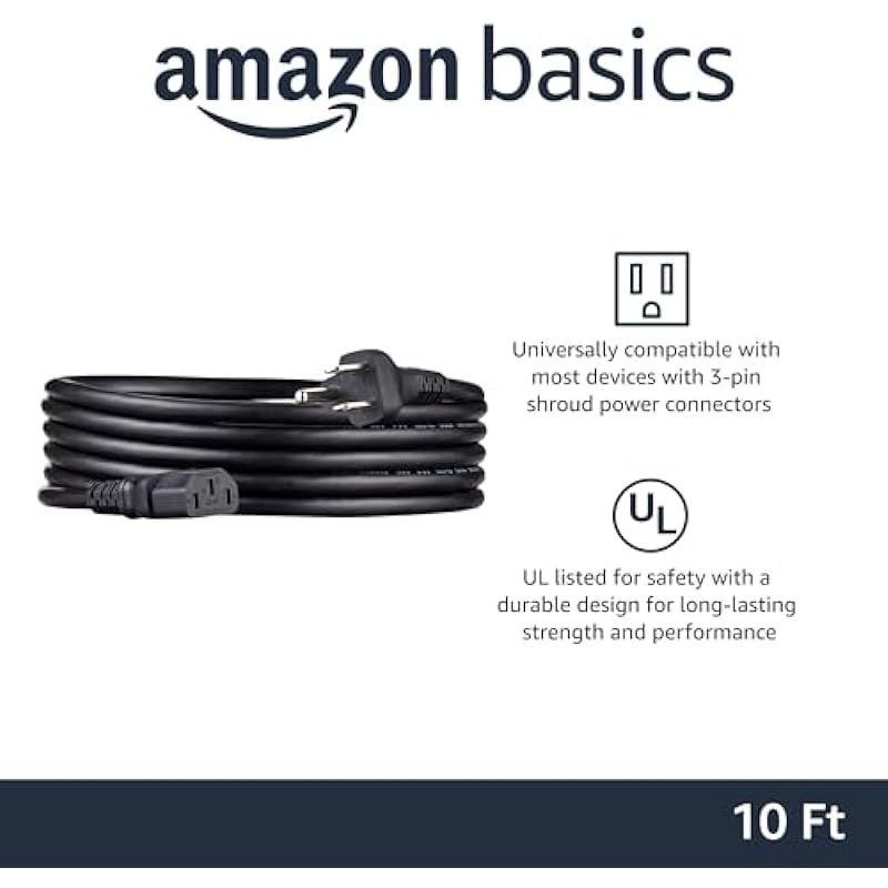 Amazon Basics Computer Monitor TV Replacement Power Cord, 10′, Black