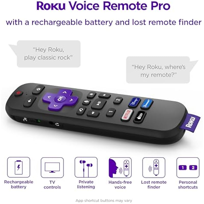 Roku Voice Remote Pro | Rechargeable TV Remote Control with Hands-free Voice Controls, Headphone Mode & Lost Remote Finder – Replacement Remote Compatible with Roku TV, Roku Players, & Roku Audio