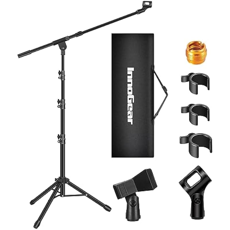 InnoGear Microphone Stand, Tripod Boom Arm Floor Mic Stand Height Adjustable Heavy Duty with Carrying Bag 2 Mic Clips 3/8″ to 5/8″ Adapter for Singing Podcast for Blue Yeti Shure SM58 SM48 Samson Q2U
