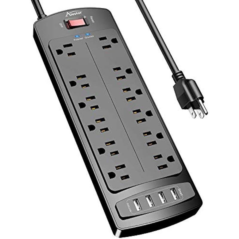 Power Strip, ALESTOR Surge Protector with 12 Outlets and 4 USB Ports, 6 Feet Extension Cord (1875W/15A), 2700 Joules, ETL Listed, Black