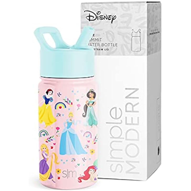 Simple Modern Disney Princesses Kids Water Bottle with Straw Lid | Reusable Insulated Stainless Steel Cup for Girls, School | Summit Collection | 14oz, Princess Rainbows