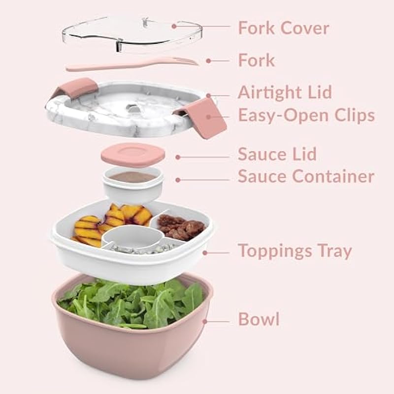 Bentgo® All-in-One Salad Container – Large Salad Bowl, Bento Box Tray, Leak-Proof Sauce Container, Airtight Lid, & Fork for Healthy Adult Lunches; BPA-Free & Dishwasher/Microwave Safe (Blush Marble)