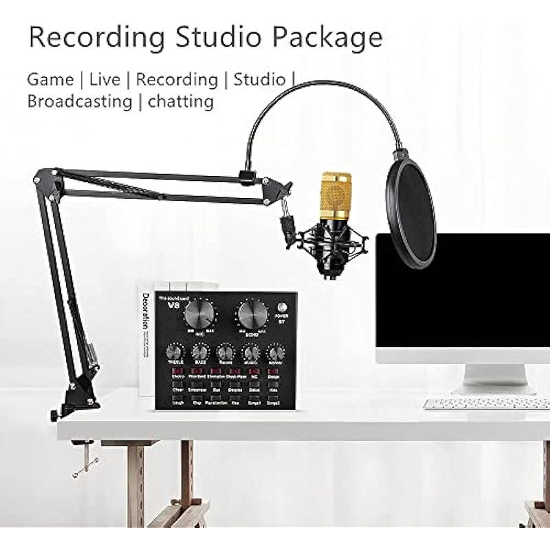 Podcast Equipment Bundle, BM-800 Recording Studio Package with Voice Changer, Live Sound Card – Audio Interface for Laptop Computer Vlog Living Broadcast Live Streaming YouTube TikTok (AM100-V8)