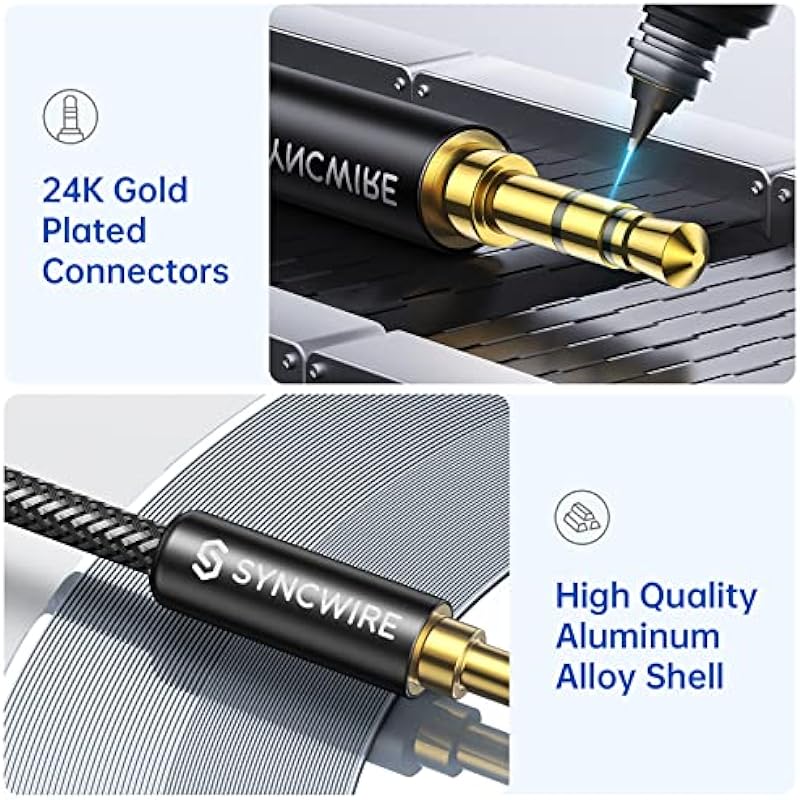 Syncwire 3.5mm Nylon Braided Aux Cable (3.3ft/1m,Hi-Fi Sound), Audio Auxiliary Input Adapter Male to Male Cord for Headphones, Car, Home Stereos, Speaker, iPhone, iPad, iPod, Echo & More – Black