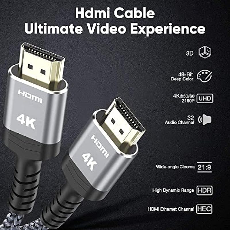Highwings 4K 60HZ HDMI Cable 6.6FT, 18Gbps High Speed 2.0 Braided Cord-Supports (4K 60Hz HDR,Video 4K 2160p 1080p 3D HDCP 2.2 ARC-Compatible with Ethernet Monitor PS 4/3 HDTV 4K Fire Netflix