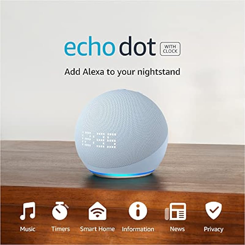Amazon Echo Dot (5th Gen) with clock | Compact smart speaker with Alexa and enhanced LED display for at-a-glance clock, timers, weather, and more | Cloud Blue
