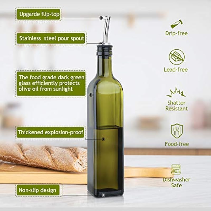 AOZITA 17oz Glass Olive Oil Bottle Dispenser – 500ml Green Oil and Vinegar Cruet with Pourers and Funnel – Olive Oil Carafe Decanter for Kitchen