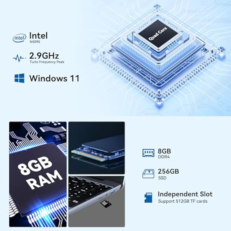 Anna Bella 15.6“ Laptop Computer, 8GB RAM, 256GB ROM, Intel Celeron N5095 Quad Core Processor, 5000mWh Battery, 1366 * 768 IPS Display, WiFi, Bluetooth, Type-C, Mini-HDMI
