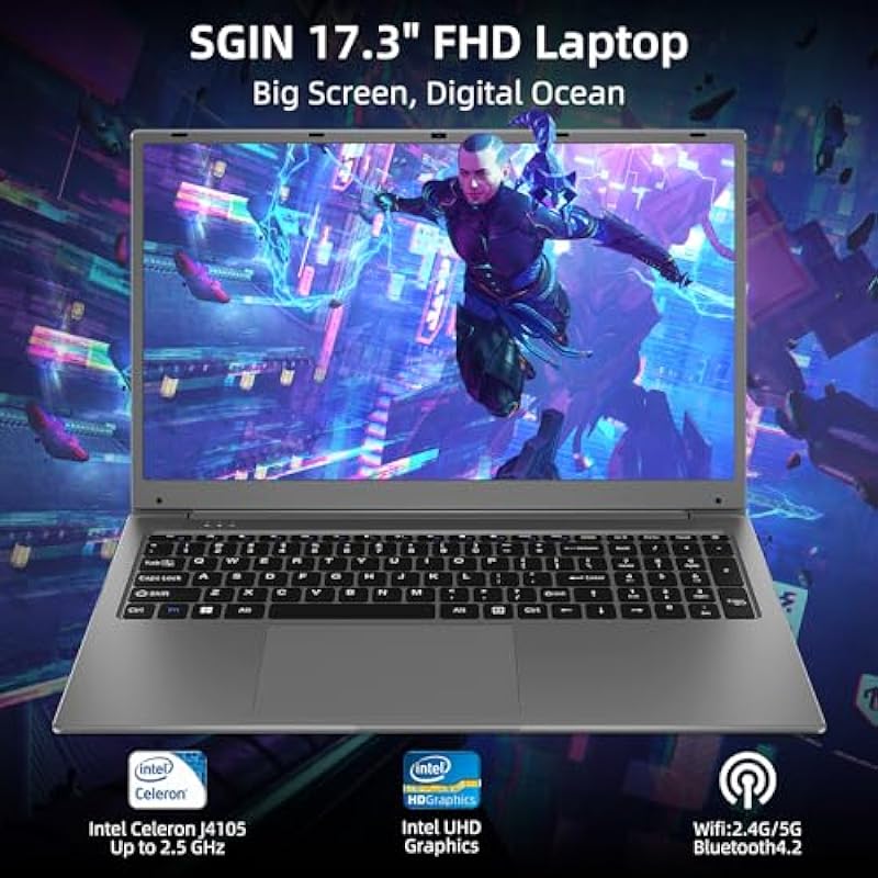 SGIN Laptop 17 Inch, 8GB RAM 256GB SSD Laptop Computer with IPS FHD 1080p Display, Intel Celeron Quad Core J4105 Notebook, 2.4G/5GHz WiFi, Bluetooth4.2, Type-C, USB3.2 * 2, 60.8Wh Battery