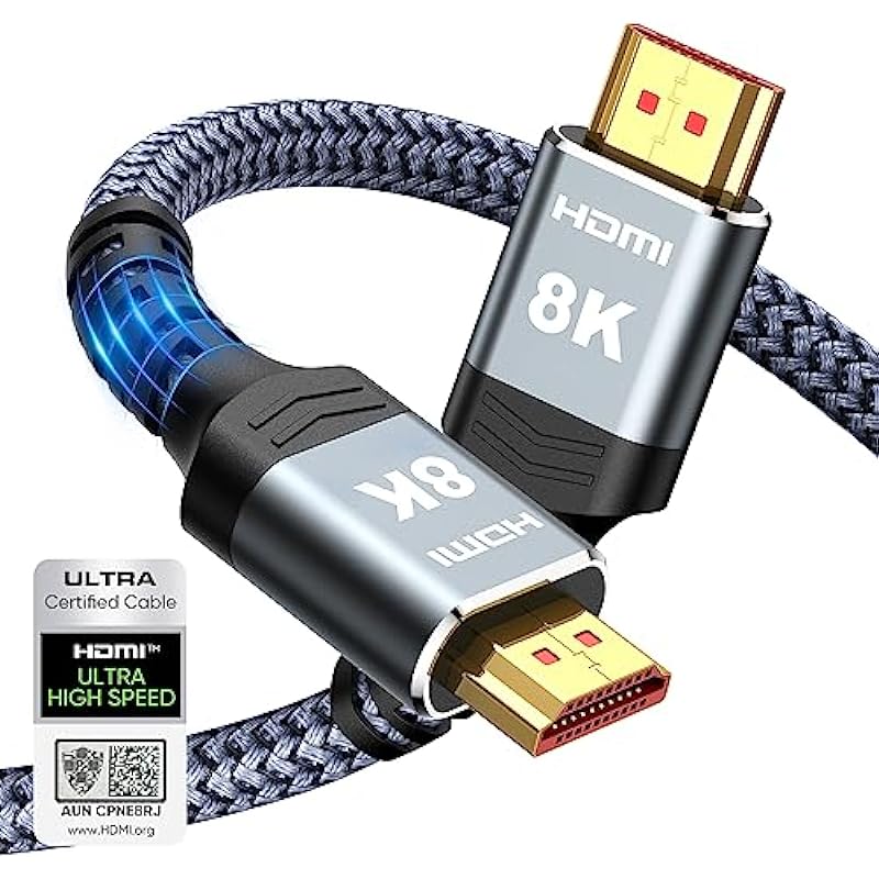 Highwings 8K 10K HDMI Cable 48Gbps 6.6FT/2M, Certified Ultra High Speed HDMI® Cable Braided Cord-4K@120Hz 8K@60Hz, DTS:X, HDCP 2.2 & 2.3, HDR 10 Compatible with Roku TV/PS5/HDTV/Blu-ray