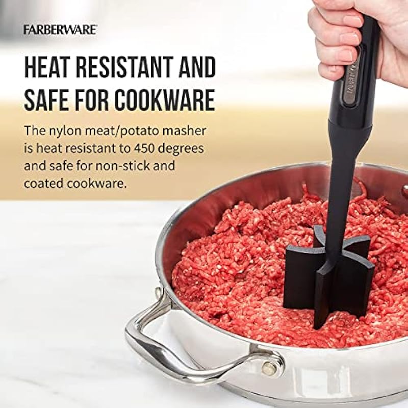 Farberware 5211438 Professional Heat Resistant Nylon Meat and Potato Masher, Safe for Non-Stick Cookware, 10-Inch, Black