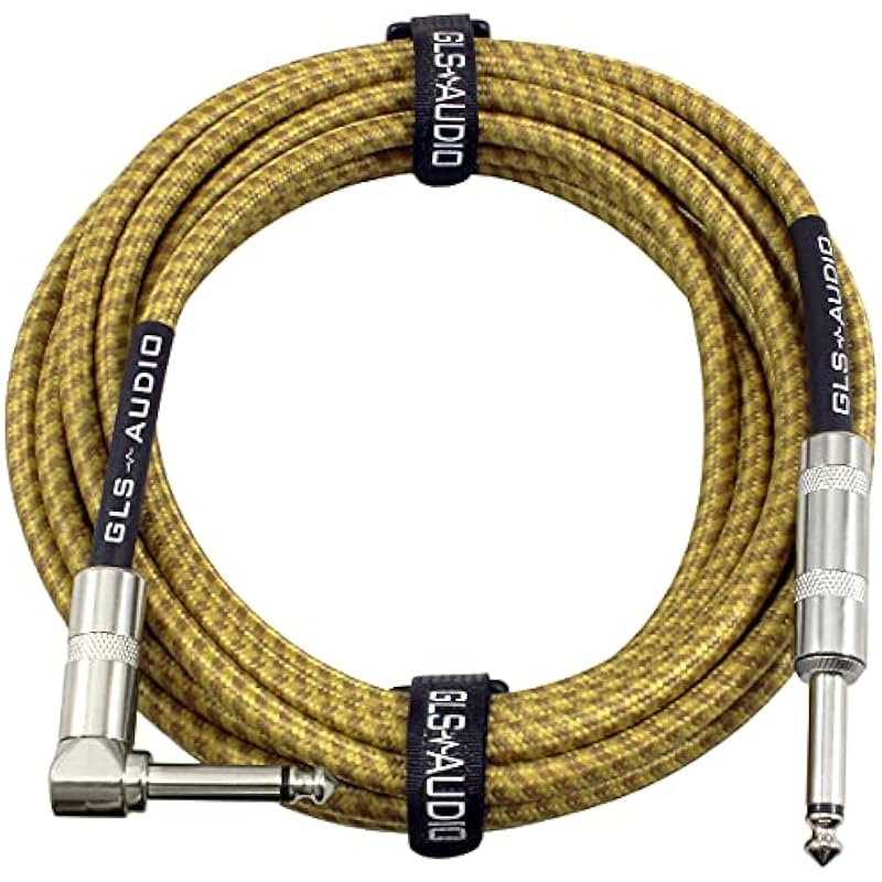 GLS Audio Instrument Cable – Amp Cord for Bass & Electric Guitar – Straight to Right Angle 1/4 Inch Instrument Cable – Brown/Yellow Braided Tweed, 20ft