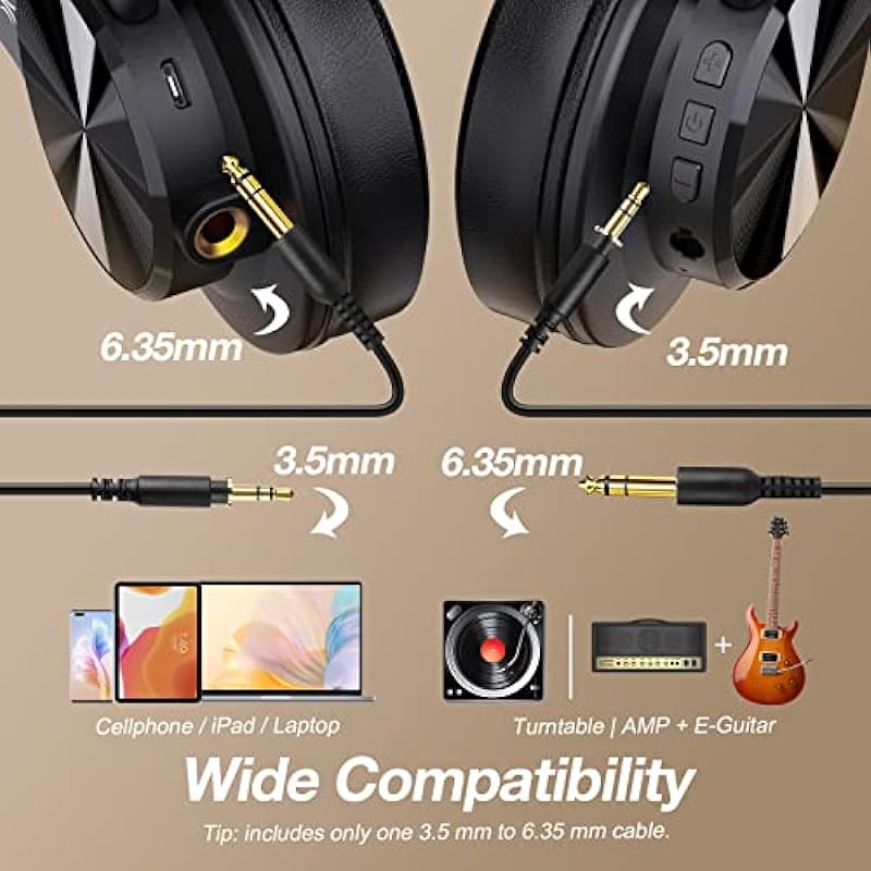 OneOdio A70 Bluetooth Over Ear Headphones, Wireless Headphones w/ 72H Playtime, Hi-Res, 3.5mm/6.35mm Wired Audio Jack for Studio Monitor & Mixing DJ Guitar AMP, Computer Laptop PC Tablet – Black