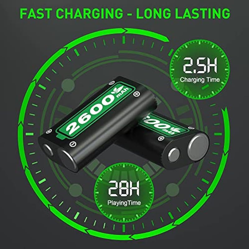 Ukor Fast Charging 2600mAh Rechargeable Battery Pack with Charger for Xbox Series X|S and Xbox One Wireless Controllers, Long Lasting Intelligent Protection