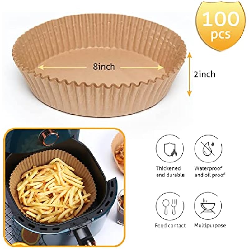 Ailun Air Fryer Paper Liners 8inch, 100PCS Non-Stick Parchment Paper,Oil Resistant,Disposable Food Grade Free of Bleach Paper Round for 5-8 QT Air Fryer Baking Roasting Microwave
