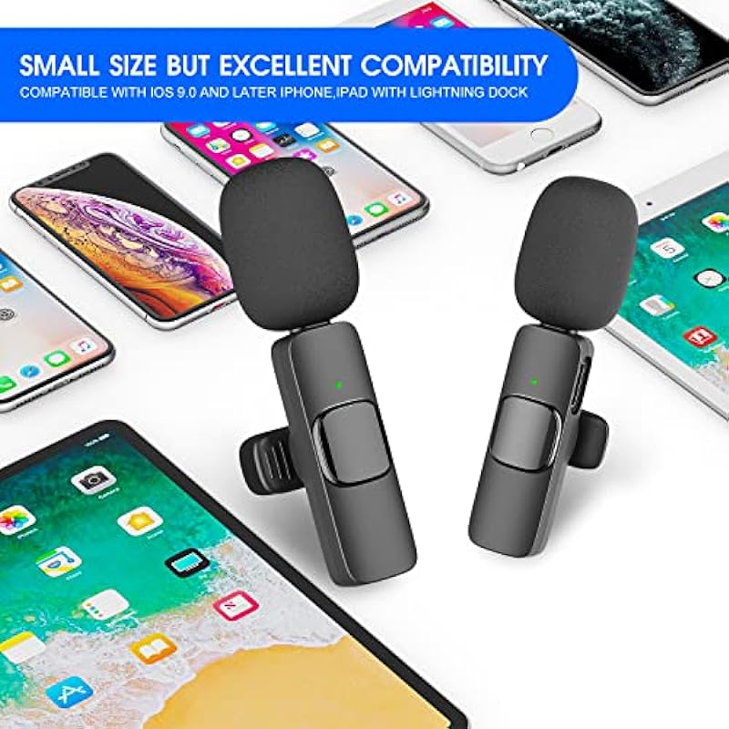 Kdewere 2 Pack Wireless Lavalier Microphone for iPhone iPad, Lapel Mics Plug-Play 2.4G Ultra-Low Delay Built-in Noise Reduction Chip 8H Working Time for Video Recording Interview Podcast Vlog YouTube