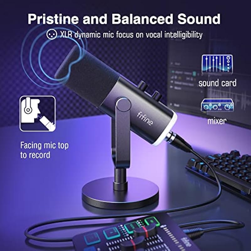 FIFINE XLR/USB Dynamic Microphone for Podcast Recording, PC Computer Gaming Streaming Mic with RGB Light, Mute Button, Headphones Jack, Desktop Stand, Vocal Mic for Singing YouTube-AmpliGame AM8