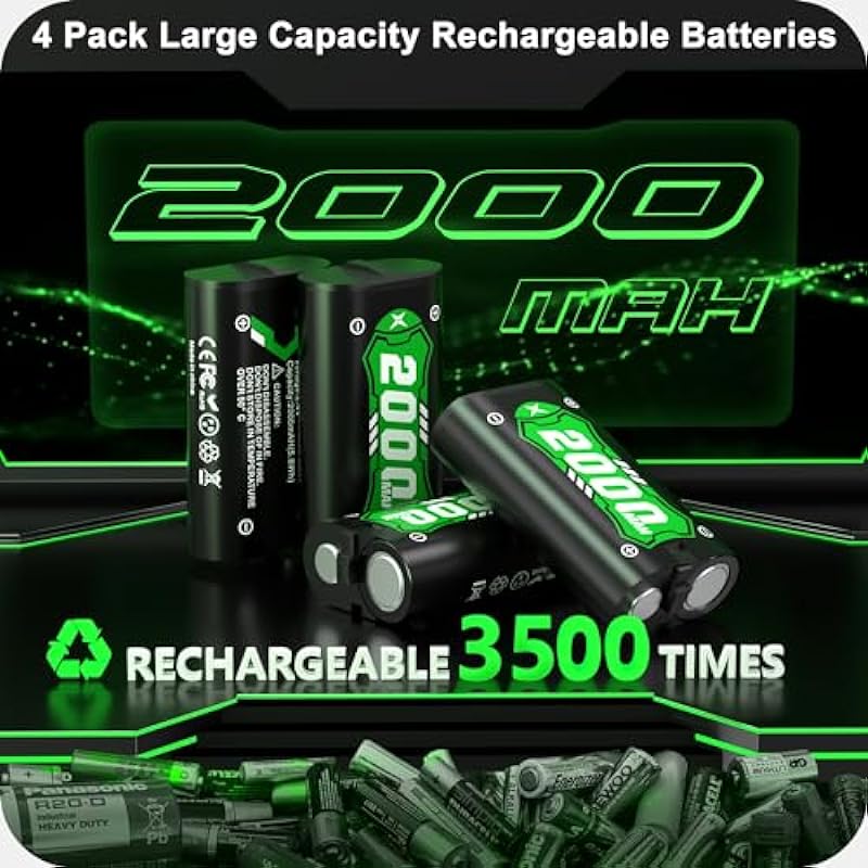 Rechargeable Battery Pack for Xbox Controller, （4x4800mWh)4x2000mAh Rechargeable Batteries for Xbox Controller Charger Station for Xbox One/Xbox Series X|S/Xbox One S|X/Xbox One Elite Controllers