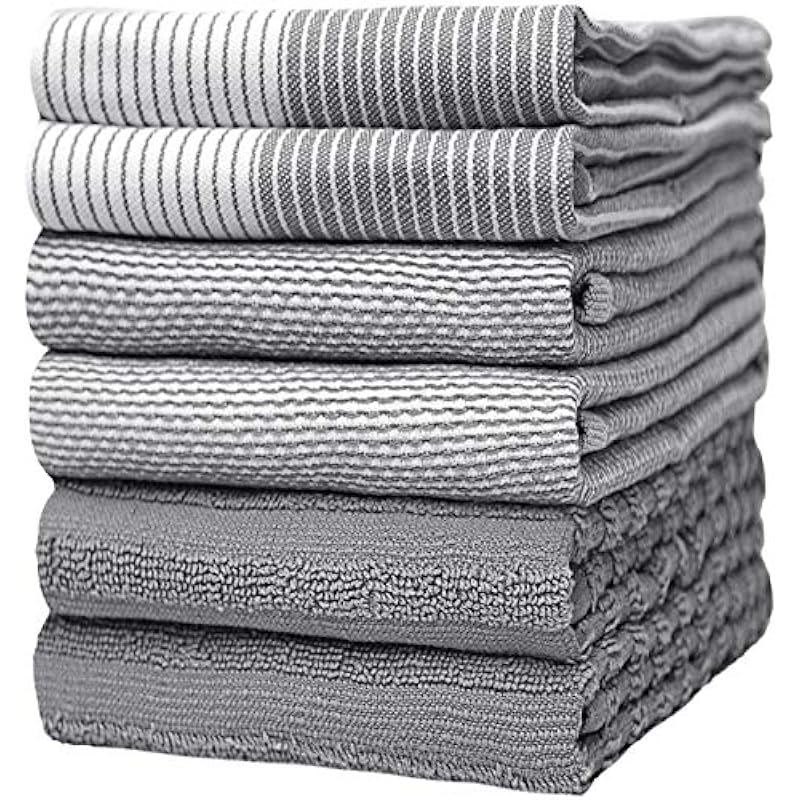 Premium Kitchen,Hand Towels (20”x 28”, 6 Pack) Large Cotton, Dish, Flat & Terry Towel Highly Absorbent Tea Towels Set with Hanging Loop Gray