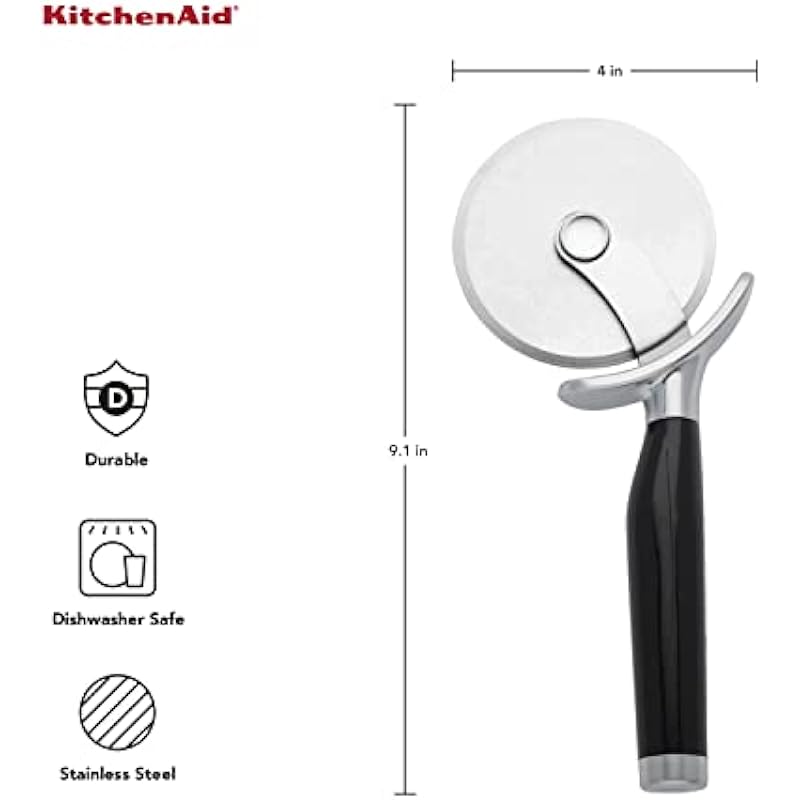 KitchenAid Classic Pizza Wheel with Sharp Blade For Cutting Through Crusts, Pies and More, Built In Finger Guard for Safety and Comfort Grip to Protect Fingers, Dishwasher Safe, 9-Inch, Black