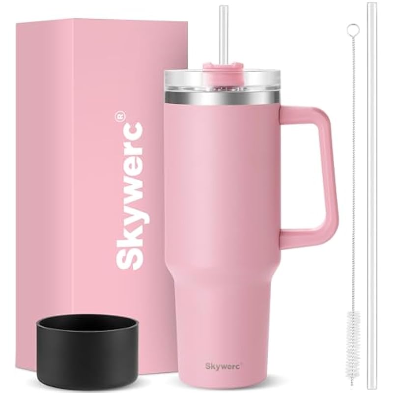 40 oz Tumbler With Handle and Straw | Double Wall Vacuum Insulated Travel Mug | Stainless Steel Water Bottle Cup | Keeps Drinks Cold up to 34 Hours | Cupholder Friendly | BPA Free | Pink