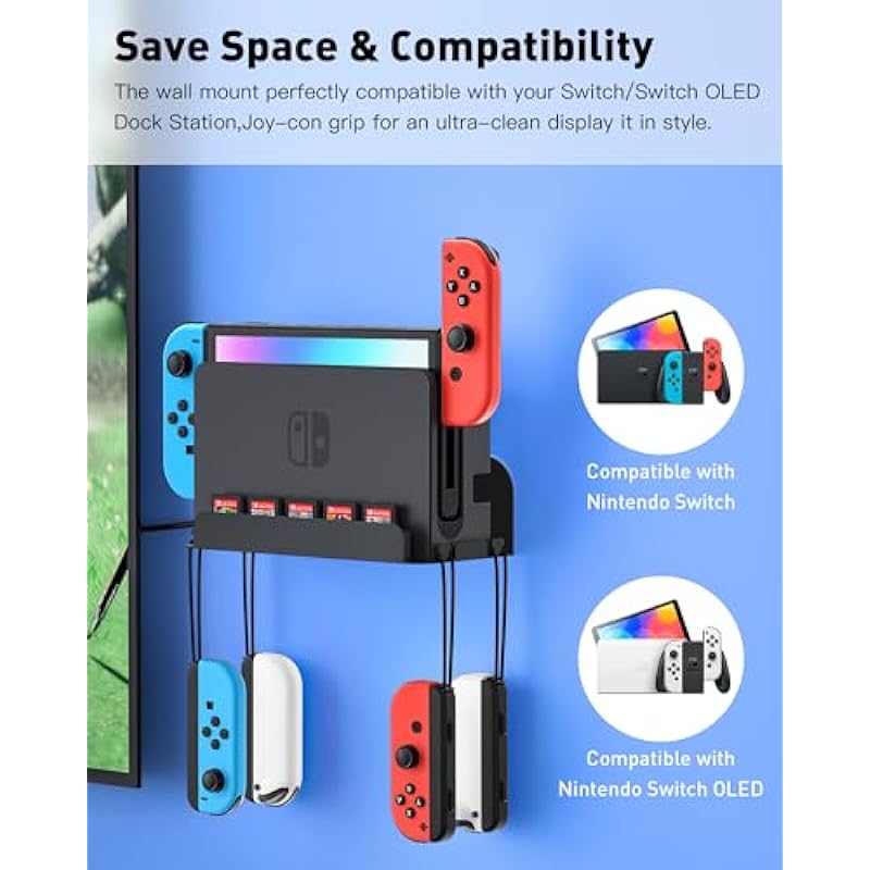 Wall Mount for Nintendo Switch and Switch OLED, Metal Wall Mount Kit Shelf Accessories with 5 Game Card Holders and 4 Joy Con Hanger, Safely Store Switch Console Near or Behind TV, Black
