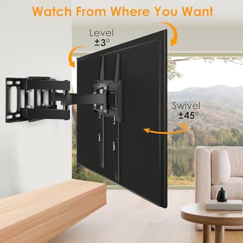 6 Arms TV Wall Mount for 26-65 inch, Full Motion Up Down Swivel Tilt Level Retractable TV Bracket for Flat Curved Max 110 lbs Max VESA 400x400mm TV, 8″-16″Wood Stud Articulating TV Wall Mount