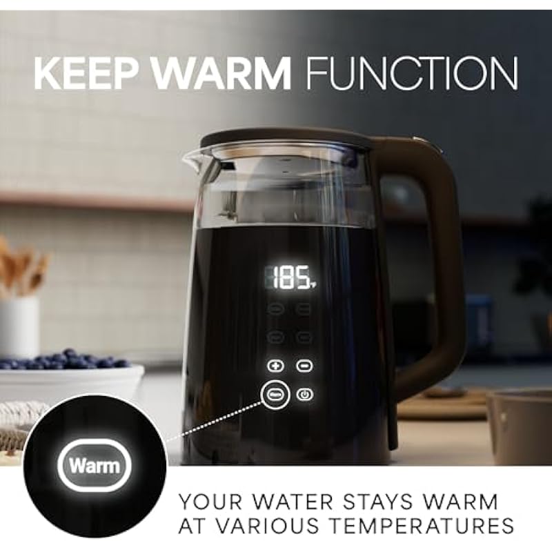 Veken Electric Tea Kettle, BPA Free, 1.7 Liter/ 1500W Hot Water Boiler Heater Pot, Digital Display Temperature Control, Keep Warmer, Automatic Shut Off, Boil Dry Protection, Glass Boiling Teapot