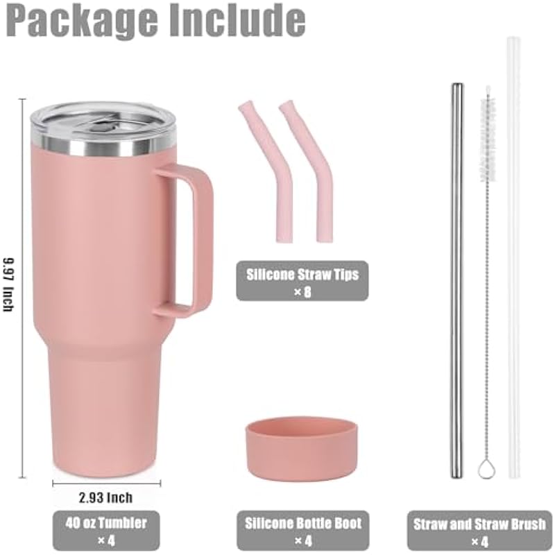 4 Pack 40 Oz Tumbler with Handle and Straw, Stainless Steel Double Wall Vacuum Insulated Cup, 40 OZ Travel Coffee Mug Bulk with Silicone Water Bottle Boot(Pink)