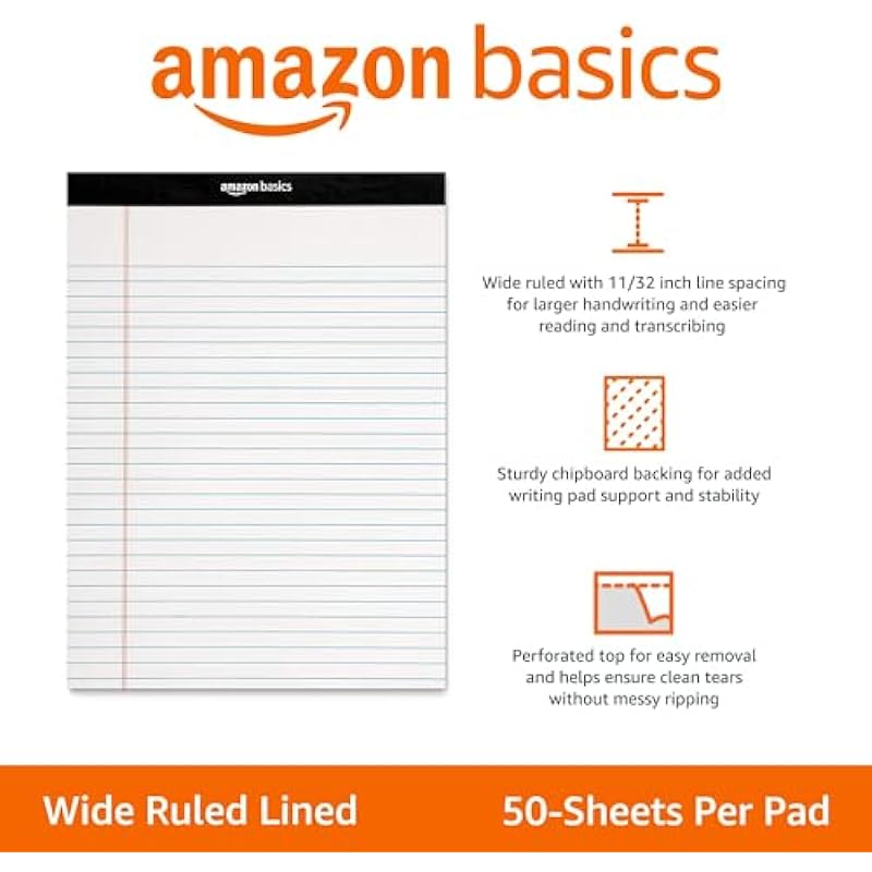 Amazon Basics Wide Ruled Lined Writing Note Pad, 8.5 inch x 11.75 inch, White, 12 Count ( 12 Pack of 50 )