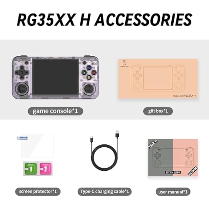 RG35XX H Handheld Video Game Consoles with Built-in 5500+ Games 64G TF Card Linux System 3.5-inch IPS Screen Cortex-A53 Portable Pocket Retro Video Game Console 3300mAh Battery (Transparent Purple)