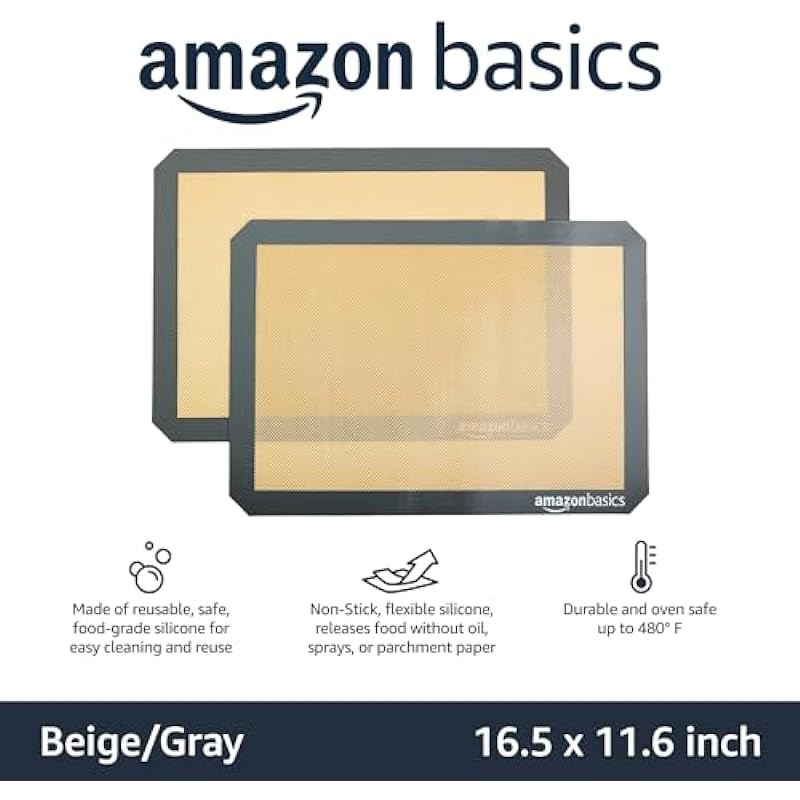 Amazon Basics Silicone, Non-Stick, Food Safe Baking Mat, Pack of 2, New Beige/Gray, Rectangular, 16.5″ x 11.6″