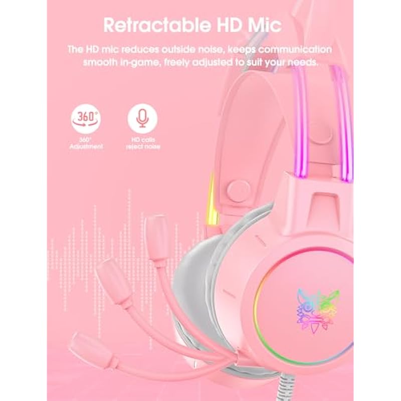 Lightweight Gaming Headsets with Removable Cat Ears,Gradient RGB Light, Wired Over- Ear Headphones for PC/PS4/PS5/XBOX/Switch, Virtual Surround Sound & Noise Cancelling Mic, Auto-Adjust Headband, Pink