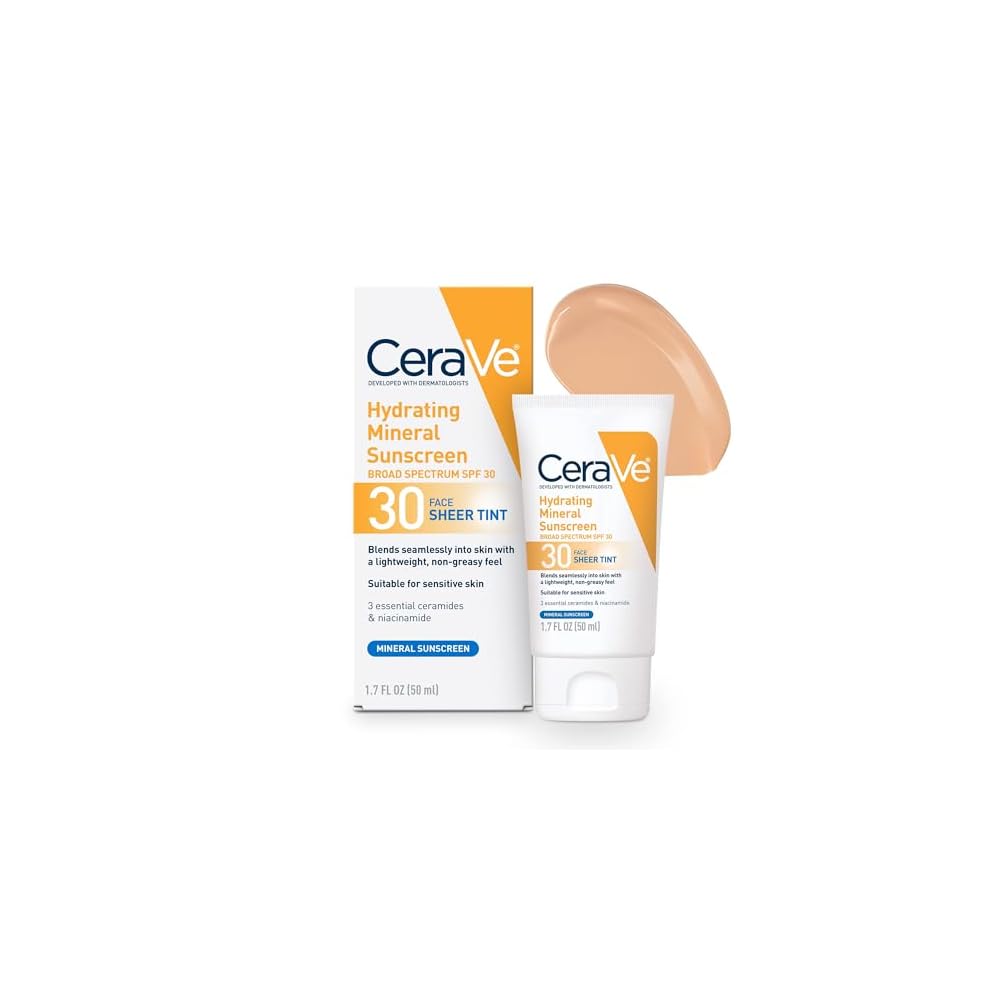 CeraVe Hydrating Mineral Sunscreen with Sheer Tint | Tinted Mineral Sunscreen with Zinc Oxide & Titanium Dioxide | Blends Seamlessly For Healthy Glow | Tinted Moisturizer with SPF 30 | 1.7 Fluid Ounce