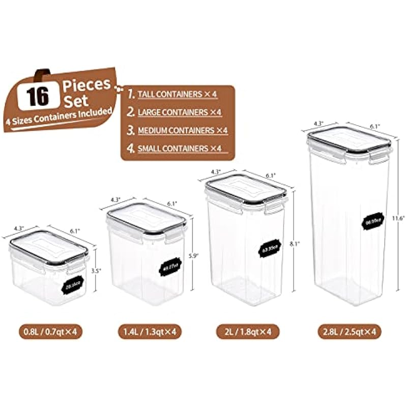 PRAKI Airtight Food Storage Container Set, 16 Pcs BPA Free Plastic Dry Food Canisters for Kitchen Pantry Organization and Storage Ideal for Cereal, Flour & Sugar – Labels, Marker(Black)