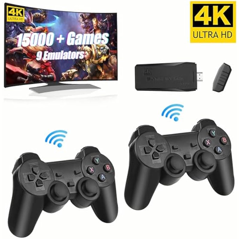 Wireless Retro Game Console, Plug & Play Video TV Game Stick with 15000+ Games Built-in, 64G, 9 Emulators, 4K HDMI Nostalgia Stick Game for TV, Dual 2.4G Wireless Controllers