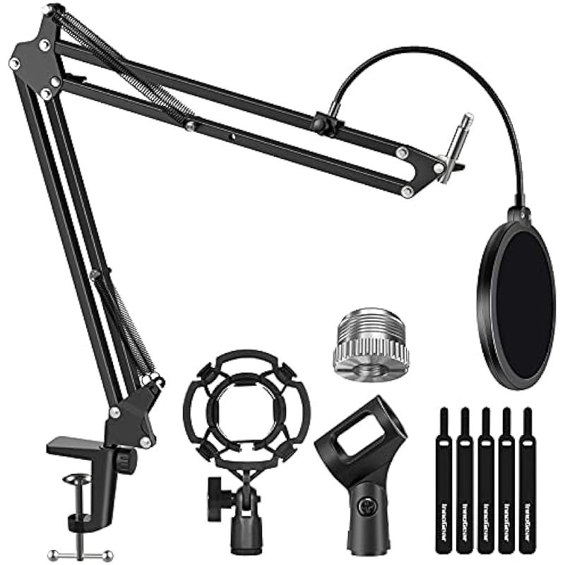 InnoGear Microphone Stand Mic Boom Arm for Blue Yeti HyperX QuadCast S SoloCast Snowball Fifine K669B and other Mic, with Shock Mount Windscreen Pop Filter Mic Clip Holder Cable Ties, Medium