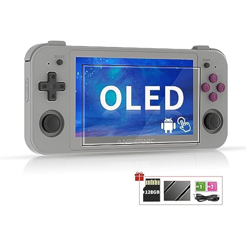 RG505 Retro Handheld Game Console 4.95 inch OLED Touch Screen Android 12 Unisoc Tiger T618 64-bit Video Player Built-in Hall Joyctick Support OTA Update 128G Card 4000+ Games (DXR-RG505-Grey)