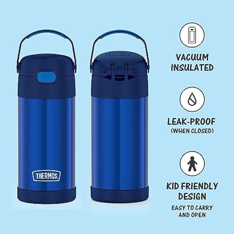 THERMOS FUNTAINER 12 Ounce Stainless Steel Vacuum Insulated Kids Straw Bottle, Blue