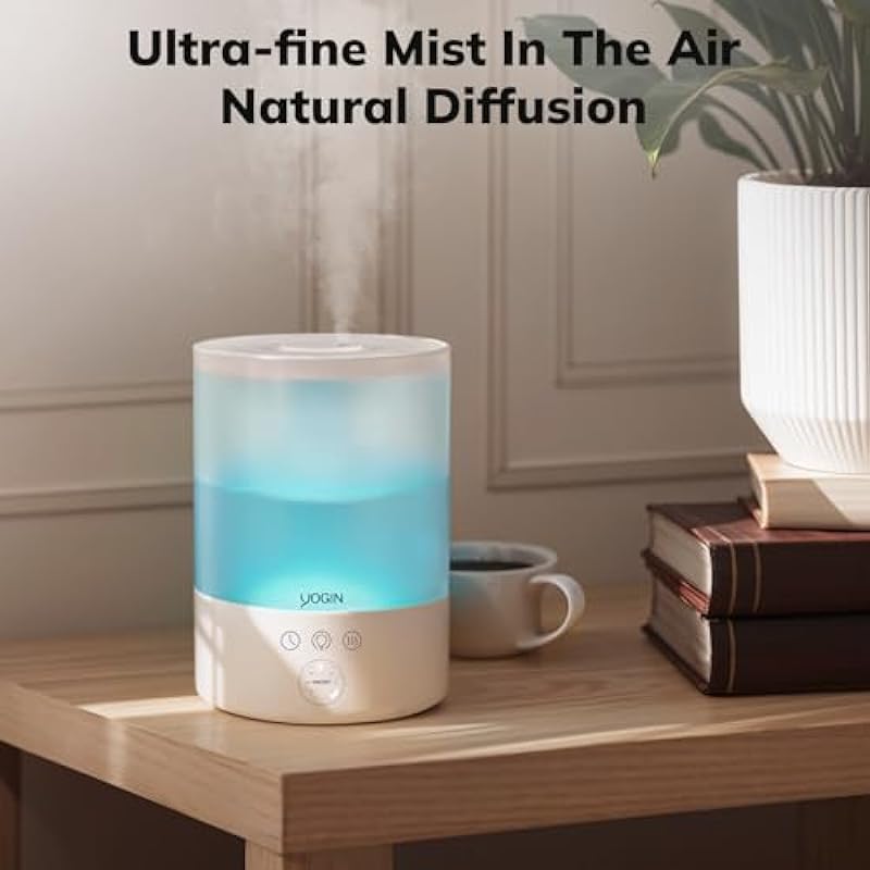 YOGIN Humidifiers for Bedroom Large room,Top fill 2.5L Ultrasonic cool mist Humidifiers for Baby Nursery and Plants,Up to 24 Hours, 24db Quiet,Night Light, Auto Shut Off, Easy Clean Humidifier