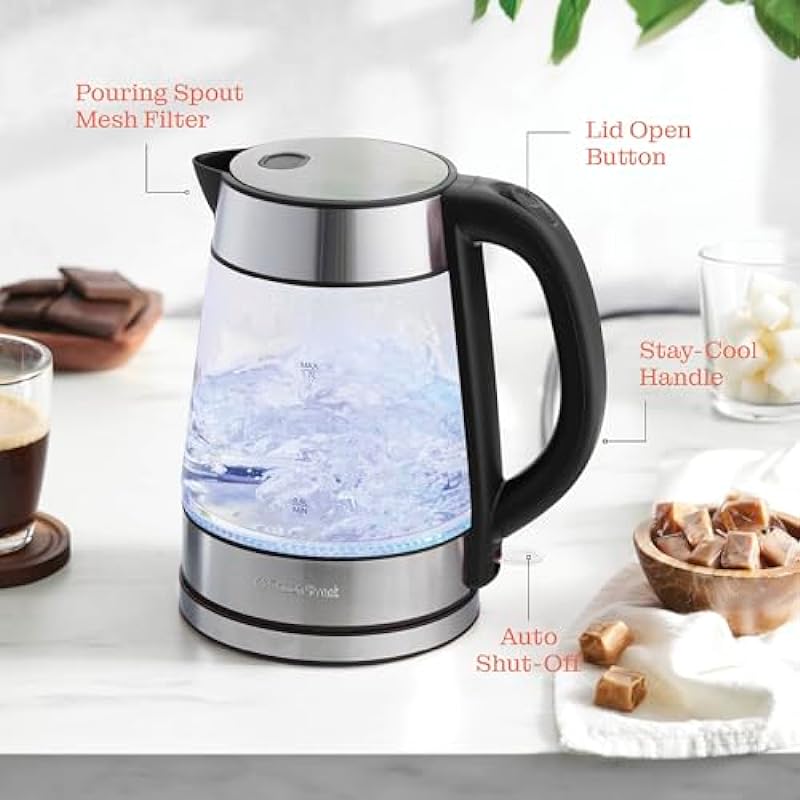 Speed-Boil Electric Kettle For Coffee & Tea – 1.7L Water Boiler 1500W, Borosilicate Glass, Easy Clean Wide Opening, Auto Shut-Off, Cool Touch Handle, LED Light. 360° Rotation, Boil Dry Protection